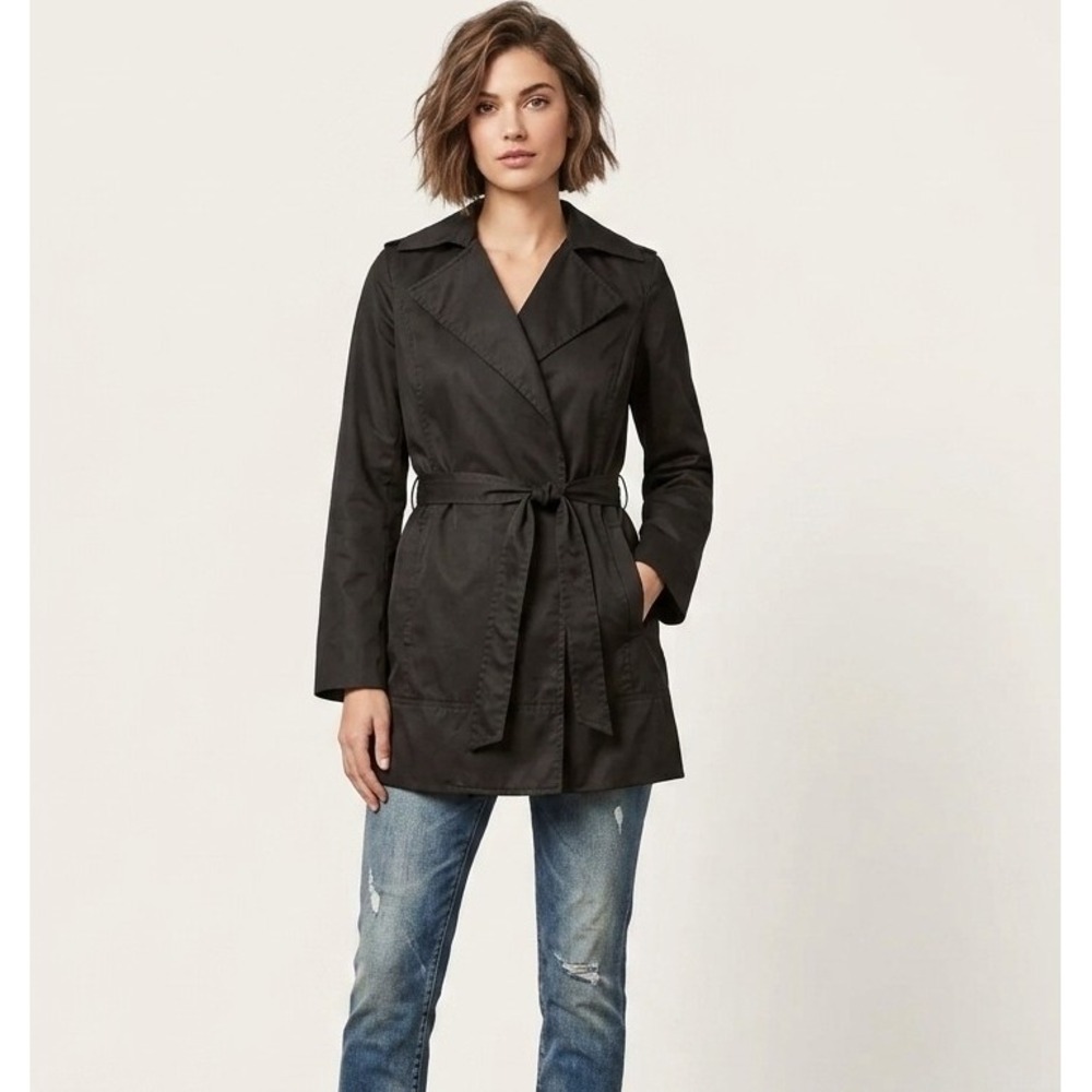 Zara Basic XS Black Belted‎ Wrap Short Trench Coat Lightweight Dark Academic